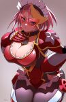  1girl blonde_hair blue_eyes bodysuit breasts cleavage closed_mouth eyelashes frills fujioka_yatsufusa highres kamen_america_(comic) kamen_unity large_breasts leaning_forward maid_headdress mole mole_under_eye multicolored_bodysuit multicolored_hair pink_hair red_bodysuit signature solo star_(symbol) two-tone_hair 