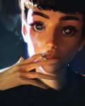  1girl art_study black_hair black_shirt blade_runner_(series) brown_eyes character_request cigarette highres holding holding_cigarette looking_at_viewer orange_pupils portrait red_nails sam_yang shirt sidelighting simple_background smoke smoking solo 