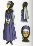  1girl :d absurdres blue_eyes blue_robe character_request cross cross_necklace dragon_quest dragon_quest_viii full_body headscarf highres jewelry looking_to_the_side looking_up multiple_views necklace nun official_art own_hands_clasped own_hands_together reference_sheet robe scan scan_artifacts smile solo third-party_source toriyama_akira white_background 
