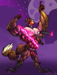  anthro ball_gag bdsm big_tail bondage boots bound bulge clothed clothing footwear fur gag gagged gimp harness hero hi_res leather magic male mammal muscular oddjuice procyonid raccoon safeword_(character) simple_background superhero transformation 