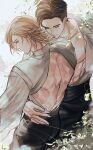  2boys abs absurdres arm_around_waist back_muscles bare_pectorals black_pants blonde_hair brown_hair closed_eyes closed_mouth clothing_cutout collarbone dion_lesage final_fantasy final_fantasy_xvi hair_behind_ear highres long_sleeves male_focus multiple_boys open_clothes open_shirt pants parted_hair pectorals shirt shirt_tucked_in short_hair terrence_(ff16) twitter_username white_shirt yakikesen yaoi yellow_eyes 
