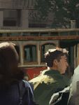  3others bag blue_coat brown_hair coat fruiitlins green_coat highres medium_hair multiple_others original out_of_frame outdoors painterly scenery short_hair shoulder_bag sidelighting sunlight train train_station tree upper_body 
