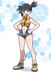  1girl :d absurdres alternate_hair_color artist_name black_hair blue_eyes blue_shorts commentary commission crop_top denim denim_shorts english_commentary eyelashes full_body hands_on_own_hips highres medium_hair midriff misty_(pokemon) navel open_mouth poke_ball_symbol pokemon pokemon:_the_electric_tale_of_pikachu ponytail shirt shoelaces shoes short_ponytail short_shorts shorts siczak side_ponytail signature sleeveless sleeveless_shirt smile socks solo standing teeth torn_clothes torn_shorts upper_teeth_only yellow_socks zipper 