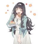  ^_^ blush cake cake_slice closed_eyes dress flower food fruit hand_on_own_thigh headband highres jacket long_hair pastry shouz skirt smile strawberry string string_bowtie waguri_kaoruko 