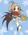  1boy black_cape blue_background brown_eyes brown_hair cape capelet commentary_request curtained_hair fingerless_gloves full_body fur-trimmed_capelet fur_trim gloves high_ponytail high_wizard_(ragnarok_online) hiruankou holding holding_staff long_hair looking_at_viewer male_focus open_mouth pants parted_bangs ponytail ragnarok_online red_capelet shirt shoes smile snowflakes solo staff white_pants white_shirt white_shoes 
