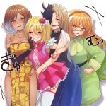  4girls absurdres bangohan_tsubuyakitarou blonde_hair blue_dress blue_eyes bow bowtie breasts brown_eyes brown_hair cleavage collared_shirt constellation_print cosplay dark-skinned_female dark_skin don_quixote_(project_moon) dress freckles gloves green_eyes green_shirt green_shorts hair_bow hairband highres ishmael_(project_moon) king_of_greed king_of_greed_(cosplay) knight_of_despair knight_of_despair_(cosplay) leotard limbus_company lobotomy_corporation long_hair long_sleeves multiple_girls necktie open_mouth orange_hair outis_(project_moon) parted_bangs pink_bow pink_bowtie pink_shirt pink_skirt pink_vest print_dress project_moon puffy_shorts queen_of_hatred queen_of_hatred_(cosplay) red_eyes rodion_(project_moon) servant_of_wrath servant_of_wrath_(cosplay) shirt short_hair shorts sidelocks simple_background skirt smile strapless strapless_leotard thighhighs very_long_hair vest white_background yellow_dress yellow_eyes 