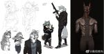 aak_(arknights) anthro arknights arm_tattoo athletic black_body black_bottomwear black_clothing black_fur black_jacket black_pants black_suit black_suit_jacket black_topwear blue_clothing blue_eyes blue_shirt blue_topwear boots bottomwear canid canine canis chest_tattoo clothed clothing curled_tail digital_media_(artwork) dobermann domestic_cat domestic_dog duo english_text fangs felid feline felis fluffy fluffy_tail footwear formal_wear fur grey_body grey_fur gun hair handgun head_scarf hi_res holding_gun holding_handgun holding_object holding_pistol holding_ranged_weapon holding_rifle holding_weapon holster horn hung_(arknights) hypergryph jacket long_pants looking_aside looking_at_viewer looking_away male mammal monochrome multicolored_body multicolored_fur open_mouth orange_body orange_fur pants pattern_clothing pattern_shirt pattern_topwear pinscher pistol ranged_weapon rifle shiba_inu shirt shoes shoulder_holster simple_background sketch sneakers solo spitz standing striped_clothing striped_shirt striped_topwear stripes studio_montagne suit suit_jacket tail tank_top tattoo teeth text tongue tongue_out topwear two_tone_body two_tone_fur waist_belt weapon white_body white_clothing white_eyes white_fur white_shirt white_topwear wolf yoshi.kaoru