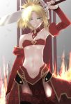  1girl arm_up armor armored_dress armpits black_legwear blonde_hair braid breasts character_name clarent cleavage detached_collar detached_sleeves fate/apocrypha fate/grand_order fate_(series) faulds french_braid green_eyes grin highres holding holding_sword holding_weapon messy_hair mordred_(fate) mordred_(fate)_(all) navel pelvic_curtain red_sleeves short_ponytail small_breasts smile solo strapless surato sword thighhighs tubetop underboob weapon 