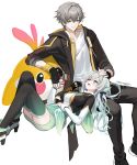 1boy 1girl absurdres aqua_skirt aqua_thighhighs black_hairband blue_pupils caelus_(honkai:_star_rail) firefly_(honkai:_star_rail) grey_hair hairband highres honkai:_star_rail honkai_(series) lap_pillow meoyo multicolored_eyes simple_background skirt thighhighs trailblazer_(honkai:_star_rail) two-tone_eyes white_background 