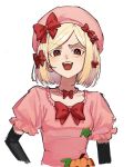  1girl bead_necklace beads blonde_hair bow bowtie commentary_request hat highres ihwa0283 jewelry lambdadelta looking_at_viewer necklace open_mouth parted_bangs pink_hat red_bow red_bowtie red_eyes short_hair simple_background smile solo umineko_no_naku_koro_ni white_background 