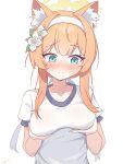  1girl absurdres animal_ears averting_eyes blue_archive blue_eyes blush cat_ears cat_girl closed_mouth embarrassed flower hair_flower hair_ornament hair_ribbon hairband highres holding_own_breasts long_hair mari_(blue_archive) mari_(track)_(blue_archive) official_alternate_costume orange_hair ribbon sanwenyu_juan_bing shirt short_sleeves solo t-shirt white_flower white_hairband white_ribbon white_shirt 