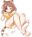  1girl ;3 animal_ear_fluff animal_ears azuki_(nekopara) bell bikini blush breasts brown_eyes brown_hair cat_ears cat_girl cat_tail dot_nose feet foot_up highres hilly_meow jingle_bell legs neck_bell nekopara one_eye_closed short_hair signature simple_background small_breasts solo striped_tail swimsuit tail thighs toenails white_background yellow_bikini 