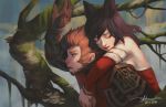  1boy 1girl ahri animal_ears bare_shoulders black_hair bracelet brown_hair dao_trong_le dated detached_sleeves highres hug hug_from_behind in_tree jewelry league_of_legends signature sitting sitting_in_tree tree tree_branch wukong yellow_eyes 