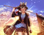  1girl absurdres animal_ears belt black_gloves black_hair black_shorts blue_eyes blue_shirt clenched_hand collarbone commentary_request cowboy_shot ear_covers flag flagpole gaman gloves hair_between_eyes hair_ornament highres holding holding_pole horse_ears horse_girl horse_tail jacket katsuragi_ace_(umamusume) letterboxed long_sleeves medium_hair multicolored_hair open_mouth over_shoulder pink_belt pole ponytail shirt shorts smile solo sparkle standing streaked_hair tail tassel tassel_hair_ornament two-tone_gloves umamusume white_hair 