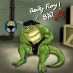  1:1 angry animatedartlover atomic_wedgie batman batman_(series) belt black_clothing black_underwear bulge clothing costume crocodile crocodilian crocodylid defeat fangs hi_res humiliation humor killer_croc male muscular reptile scalie underwear utility_belt warehouse wedgie 