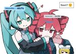  +_+ 3girls ahoge aqua_eyes aqua_hair aqua_necktie armpit_crease black_eyes black_sleeves blonde_hair breast_pocket buttons character_name collared_shirt commentary detached_sleeves double-parted_bangs drill_hair english_commentary english_text grey_shirt hand_on_another&#039;s_face hatsune_miku headphones headset highres kagamine_rin kasane_teto kasane_teto_(utau) looking_at_another looking_at_viewer microphone morizo_(morizoshop) multiple_girls necktie pocket pout red_eyes red_hair shirt simple_background sleeveless sleeveless_shirt solid_circle_eyes sweatdrop twin_drills twintails upper_body utau vocaloid white_background wing_collar 