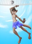 anthro clothing dizzyvixen hi_res low-angle_view male mammal mustelid musteline nipples outside paws shirtless shirtless_male sky slim solo sport swimming_trunks swimwear true_musteline v-cut volleyball weasel