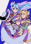  3boys ascot asymmetrical_bangs beads belt belt_buckle black_belt black_bow black_bowtie black_mask black_pants black_pepper_(precure) blonde_hair blue_background blue_eyes blue_hair blue_sleeve_cuffs bow bowtie buckle cape choker clenched_hand coat collared_coat commentary_request cowboy_shot crossdressing crossdressing_(mtf) cure_infini delicious_party_precure epaulettes eye_mask floating_clothes floating_hair frilled_shirt frills gold_buckle green_bow green_shirt grin hair_beads hair_between_eyes hair_ornament hair_over_one_eye hat hat_feather headset highres hugtto!_precure in-franchise_crossover julio_(precure) kirakira_precure_a_la_mode long_hair long_sleeves magical_boy magical_girl male_focus military_uniform miniskirt multiple_boys pants pantyhose parted_lips precure purple_ascot sekiguchi_(mitemite_mitene) shinada_takumi shirt side_cape signature skirt sleeve_cuffs smile standing sun_hat two-tone_background very_long_hair waist_bow wakamiya_henri white_background white_bow white_bowtie white_cape white_choker white_coat white_hat white_pantyhose white_skirt wing_hair_ornament 