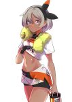  1girl absurdres black_hairband bottle breasts commentary_request dark_skin delrah grey_hair gym_leader hairband highres looking_at_viewer navel pokemon pokemon_(game) pokemon_swsh saitou_(pokemon) short_hair short_shorts short_sleeves shorts small_breasts solo standing sweat towel water_bottle white_background white_legwear 