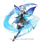 1girl attack black_thighhighs blue_eyes blue_hair blush breasts bridal_gauntlets bug butterfly butterfly_wings closed_mouth detached_sleeves dress fairy_wings fire_emblem fire_emblem_fates fire_emblem_heroes flora_(fire_emblem) flora_(resplendent)_(fire_emblem) flower gloves hair_flower hair_ornament headdress holding holding_sword holding_weapon ice insect_wings large_breasts long_hair long_sleeves looking_at_viewer maid maid_headdress nima_(niru54) official_alternate_costume official_art simple_background snowflakes solo sword thighhighs twintails weapon white_background wings 