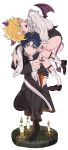  2boys aged_down bible_(object) bishounen blonde_hair blue_eyes blue_hair cassock clerical_collar cross cross_print demon demon_boy demon_horns demon_tail demon_wings dio_brando ear_birthmark full_body highres holding holding_cross horns inu_koro_koro jewelry jojo_no_kimyou_na_bouken jonathan_joestar long_sleeves multiple_boys phantom_blood priest red_eyes tail wings yaoi 
