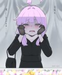  1girl absurdres ahoge bag bead_necklace beads black_bag black_gloves black_shirt blue_archive crying crying_with_eyes_open fang gloves green_eyes half-closed_eyes halo handbag highres horizontal_pupils jewelry kaya_(blue_archive) long_sleeves looking_at_viewer necklace open_mouth pink_hair shirt solo susi_tabit tears translation_request yellow_halo 