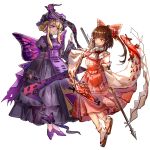  2girls adapted_costume alternate_color ascot between_fingers black_dress black_hat blonde_hair bow breasts brown_hair bug butterfly butterfly_wings closed_mouth commentary_request detached_sleeves dress floral_print frilled_bow frills full_body gap_(touhou) hair_bow hakurei_reimu hat hat_ribbon highres holding holding_polearm holding_weapon insect_wings long_hair long_sleeves mob_cap multiple_girls ofuda ofuda_between_fingers polearm print_skirt purple_butterfly purple_eyes purple_ribbon purple_shoes purple_tabard red_bow red_eyes red_skirt ribbon ribbon-trimmed_sleeves ribbon_trim sandals shoes shouxishao_jiuyuan simple_background skirt skirt_set smile socks spear tabard touhou weapon white_ascot white_background white_socks wide_sleeves wings yakumo_yukari 
