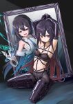  2girls absurdres arms_up bdsm black_bra black_hair black_pantyhose blue_eyes blue_necktie bondage bondage_mittens bound bra breasts collarbone elbow_gloves gloves highres kneeling legbinder long_hair looking_at_another looking_to_the_side magic multiple_girls navel necktie open_mouth original panties panties_under_pantyhose pantyhose red_eyes restrained shibarikini shirt sideboob sidelocks sleeveless sleeveless_turtleneck small_breasts stomach turtleneck turtleneck_shirt underwear very_long_hair white_gloves xiongmao 