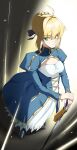  1girl absurdres ahoge armored_boots artoria_pendragon_(fate) blonde_hair blue_bow blue_dress boots bow braid braided_bun breasts bun_with_braided_base caliburn_(fate) cleavage_cutout clothing_cutout dress fate/stay_night fate_(series) full_body green_eyes hair_between_eyes hair_bow hair_bun hair_ribbon hands_on_hilt highres hitempo holding holding_sword holding_weapon long_sleeves looking_at_viewer ponytail ponytail_with_braided_base ribbon saber_(fate) short_hair sidelocks smile solo standing sword weapon 