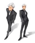  1boy black_eyes black_skirt black_suit black_vest chiseled_face collared_shirt contrapposto curly_hair dress_shoes from_behind hands_in_pockets highres looking_at_viewer multiple_views necktie original sam_yang shadow shirt simple_background skirt suit swept_bangs vest walking white_background white_hair white_necktie 