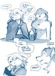  ... 2020 ambiguous_gender annoyed anthro blue_and_white blush bottle brutus_(twokinds) canid canine canis cape chest_tuft clothed clothing clovis_(twokinds) conditional_dnp dialogue duo english_text fox gloves_(marking) holding_object hybrid keidran male mammal markings monochrome open_mouth relieved sad simple_background sketch smile text tom_fischbach topless tuft twokinds webcomic white_background wolf 