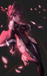  1girl black_bodysuit bodysuit breasts brown_hair clothing_cutout covered_navel detached_sleeves english_commentary falling_petals goddess_of_victory:_nikke hair_ornament hair_stick highres holding holding_kunai holding_weapon korean_commentary kunai long_hair looking_at_viewer medium_breasts mixed-language_commentary official_alternate_costume parted_lips petals pink_petals red_eyes rose_petals sakura_(midnight_stealth)_(nikke) sakura_(nikke) sandals shoulder_cutout smile solo standing standing_on_one_leg string toriseru_(rare_stone) weapon 