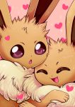  :o ^_^ closed_eyes commentary creature eevee english_commentary face flufflixx gen_1_pokemon heart highres hug no_humans pink_background pokemon pokemon_(creature) purple_eyes simple_background sparkle 