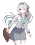  1girl absurdres bag black_bow black_hairband blue_eyes blue_pupils bow bowtie breasts brown_bag buttons commentary double-breasted firefly_(honkai:_star_rail) firefly_(spring_missive)_(honkai:_star_rail) gradient_hair green_bow green_bowtie green_hair grey_hair grey_sailor_collar grey_skirt hair_between_eyes hair_bow hair_intakes hairband highres holding holding_bag honkai:_star_rail honkai_(series) light_blush lollipop_in_mouth long_hair long_sleeves looking_at_viewer medium_breasts multicolored_eyes multicolored_hair nicel official_alternate_costume purple_eyes sailor_collar school_bag school_uniform serafuku shirt simple_background skirt solo thighhighs two-tone_eyes white_background white_shirt white_thighhighs zettai_ryouiki 