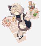  1girl absurdres alternate_costume apron black_dress black_hairband black_shoes cake cake_slice cherry commentary_request dress enmaided food food_request fruit green_eyes grey_hair grin hairband highres hinataku1222 holding holding_tray konpaku_youmu macaron maid pantyhose parfait puffy_short_sleeves puffy_sleeves shoes short_sleeves smile solo spoon strawberry strawberry_shortcake touhou tray white_apron white_pantyhose 