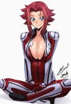  1girl absurdres blue_eyes bodysuit breasts cleavage code_geass commentary_request dated flipped_hair full_body highres indian_style kouzuki_kallen large_breasts lips looking_at_viewer mecha_pilot_suit open_bodysuit open_clothes red_bodysuit red_hair short_hair signature simple_background sitting skin_tight smile solo white_background yoo_tenchi 