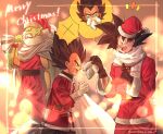  3boys alien black_eyes black_gloves black_hair coat colored_skin cowboy_shot dragon_ball dragon_ball_z fake_beard fake_facial_hair fur-trimmed_coat fur_trim gift_bag gloves green_skin hat male_focus mattari_illust merry_christmas multiple_boys namekian open_mouth piccolo poi pom_pom_(clothes) santa_costume santa_hat scarf smile son_goku speech_bubble spiked_hair spoken_character twitter_username vegeta white_beard white_gloves white_scarf 