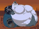 abdominal_bulge after_vore animated anthro belly belly_hair belly_jiggle belly_movement belly_slap big_belly blizzard_entertainment body_hair bottomwear burp_cloud burping canid canine chest_hair clothing eyebrow_piercing facial_piercing grey_body hair jacket jiggling leather leather_clothing leather_jacket leather_topwear low_res male mammal monte_(worgenrouge) mythological_canine mythological_creature mythology navel nipples orange_eyes overweight overweight_male pants paprikachunk pawpads piercing pompadour sitting sitting_on_ground slap solo teeth topwear vore vore_implied warcraft werecanid werecanine werecreature werewolf worgen yellow_sclera