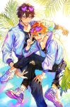  2boys akehoshi_subaru black_pants blue_eyes brown_eyes brown_hair dongbackbyul ensemble_stars! eyewear_on_head hair_between_eyes hand_on_another&#039;s_leg heart heart-shaped_eyewear high_collar highres jacket leaf leg_on_another&#039;s_leg long_sleeves looking_at_viewer male_focus morisawa_chiaki multiple_boys open_clothes open_jacket open_mouth orange_hair pants purple-tinted_eyewear short_hair sitting smile tile_floor tiles tinted_eyewear w white_jacket 