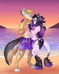  animate_inanimate beach canid canine canis clothing duo eyewear female glasses hi_res inflatable kissing living_inflatable male mammal seaside strawberryneko sunset swimwear wolf 