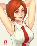  1girl armpits breasts closed_mouth large_breasts lipstick looking_at_viewer makeup maou_alba necktie red_hair short_hair simple_background smile solo the_king_of_fighters vanessa_(king_of_fighters) 