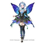  1girl black_thighhighs blue_eyes blue_hair blush breasts bridal_gauntlets bug butterfly butterfly_wings closed_mouth detached_sleeves dress fairy_wings fire_emblem fire_emblem_fates fire_emblem_heroes flora_(fire_emblem) flora_(resplendent)_(fire_emblem) flower gloves hair_flower hair_ornament headdress insect_wings large_breasts long_hair long_sleeves looking_at_viewer maid maid_headdress nima_(niru54) official_alternate_costume official_art simple_background smile solo thighhighs twintails white_background wings 
