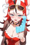 1girl :d absurdres animal_ears bikini black_streaks blue_eyes breasts collar dice dice_hair_ornament eyewear_on_head food from_above hair_ornament hakos_baelz hakos_baelz_(holonatsu_paradise) highres holding holding_food holding_popsicle hololive hololive_english ilie_ilie large_breasts light_blush looking_at_viewer lower_teeth_only mouse_ears multicolored_eyes multicolored_hair popsicle red_bikini red_hair see-through_clothes see-through_shirt shirt simple_background smile solo spiked_collar spikes streaked_hair swimsuit teeth upper_body white_background white_streaks yellow-framed_eyewear 