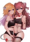  2girls :3 =3 absurdres arm_strap black_bra black_legwear black_panties blonde_hair blue_eyes bra bracelet breasts chain cleavage collarbone dimension-3_(idolmaster) ear_piercing floral_print garter_belt grey_legwear hair_ornament heart heart_bracelet heart_necklace highres ichinose_shiki idolmaster idolmaster_cinderella_girls jewelry kuromitsu_maria lavender_hair long_hair medium_breasts multiple_girls nail_polish necklace ninomiya_asuka panties piercing purple_eyes red_hair simple_background small_breasts strapless strapless_bra thighhighs tongue tongue_out underwear white_background 