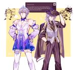  ... 1boy 1girl absurdres alternate_costume animalization arm_belt arm_up armpits bare_shoulders caelus_(honkai:_star_rail) closed_mouth collar collared_shirt cosplay detached_sleeves dress fedora garter_straps gloves gradient_sleeves grey_hair hair_between_eyes hair_over_shoulder hand_in_pocket hand_on_headwear hands_on_own_hips hat highres honkai:_star_rail honkai_(series) jacket jacket_on_shoulders legs_apart light_frown long_hair looking_at_viewer march_7th_(honkai:_star_rail) march_7th_(honkai:_star_rail)_(cosplay) march_7th_(nascent_spring)_(honkai:_star_rail) multiple_views necktie one_eye_closed pants purple_sleeves raccoon raised_eyebrow shirt short_dress short_hair single_garter_strap sleeves_past_wrists smile soursoppi spoken_ellipsis standing stelle_(honkai:_star_rail) suit thighhighs tiara toned toned_male trailblazer_(honkai:_star_rail) vest wing_collar yellow_eyes zettai_ryouiki 