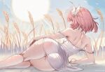  1girl ass back bare_shoulders breasts commentary_request covered_nipples cyrene_(honkai:_star_rail) day double_strap_slip dress hair_ornament highres honkai:_star_rail honkai_(series) lying on_side outdoors panties pink_hair short_hair shoulder_blades small_breasts solo sun thighs underwear wheat_field white_dress white_panties winged_hair_ornament yuibread 