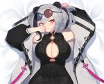  1girl animal_ears arknights bangs black_dress blush breasts ce-_-3 china_dress chinese_clothes cleavage cleavage_cutout closed_mouth dress eyewear_on_head feater_(arknights) hair_between_eyes hand_on_own_face jacket large_breasts looking_at_viewer lying multicolored_hair on_back panda panda_ears purple-tinted_eyewear round_eyewear short_hair smile solo streaked_hair sunglasses two-tone_coat two-tone_jacket 