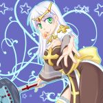  1girl arch_bishop_(ragnarok_online) aseiru blue_background breasts brown_dress circlet cleavage cleavage_cutout closed_mouth clothing_cutout commentary_request cowboy_shot cross dress flower flower_in_mouth green_eyes hammer holding holding_hammer juliet_sleeves lace-trimmed_thighhighs lace_trim large_breasts long_hair long_sleeves looking_at_viewer puffy_sleeves ragnarok_online reaching reaching_towards_viewer sash smile solo thighhighs two-tone_dress war_hammer weapon white_dress white_hair white_thighhighs yellow_flower yellow_sash 