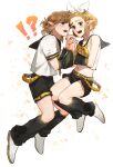  !? 1boy 1girl bare_shoulders belt black_arm_warmers black_leg_warmers black_sailor_collar black_shorts blonde_hair blue_eyes commentary_request cosplay crop_top full_body green_eyes hairband highres holding_hands interlocked_fingers kagamine_len kagamine_len_(cosplay) kagamine_rin kagamine_rin_(cosplay) korean_commentary leg_warmers link looking_at_viewer midriff navel neckerchief necktie open_mouth pointy_ears princess_zelda sailor_collar shirt shoes short_hair shorts sleeveless sleeveless_shirt teeth the_legend_of_zelda the_legend_of_zelda:_tears_of_the_kingdom upper_teeth_only vocaloid white_background white_hairband white_shirt white_shoes yellow_belt yellow_neckerchief yellow_necktie zeldm 