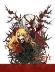  1boy 1girl ascot black_corset black_gloves black_pants black_vest blonde_hair blood blood_in_hair border brambles coat collared_shirt corset don_quixote_(project_moon) flower flower_in_eye full_body gem gloves hair_flower hair_ornament head_spikes kamisiro_sora la_manchaland&#039;s_don_quixote_(project_moon) limbus_company long_hair long_sleeves looking_at_another looking_at_viewer pants parted_bangs project_moon red_border red_brooch red_coat red_eyes red_flower red_gemstone red_rose rose sample_watermark sancho_(project_moon) shirt simple_background standing symbol_in_eye thorns vest watermark white_ascot white_background white_hair white_shirt yearning-mircalla_(e.g.o) 